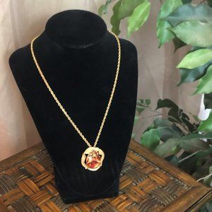 Vintage Golden Necklace with Coral Gem Pendant